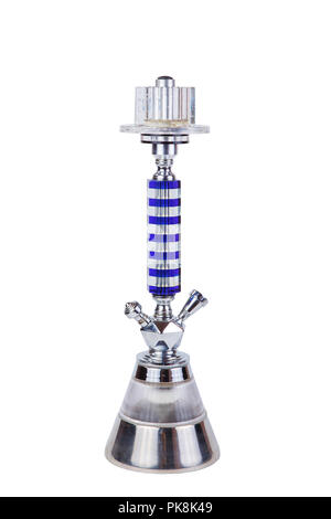 Modern metal silver with blue hookah isolated on white background. Eastern smokable water pipe smoking Stock Photo