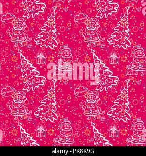 Christmas seamless pattern for holiday design, cartoon Santa Claus and fir tree, white contours on red background. Vector Stock Vector