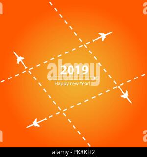 Creative happy new year 2019 design with Progress loading bar with airplane is in a dotted line. The flying apartment is black. The waypoint is for a tourist trip. Track on a orange background. Vector illustration. Tourism. Travel Stock Vector