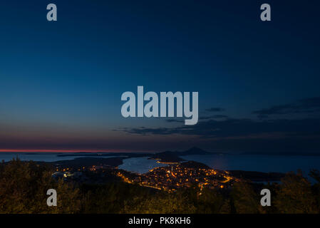 The port and city of Mali Lošinj on the island of Lošinj with the Osoršćica mountain range after sunset, Lošinj, Kvarner bay, Croatia Stock Photo