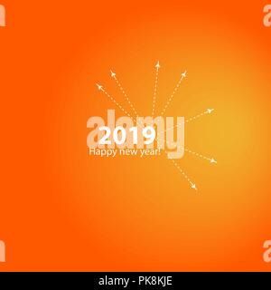Creative happy new year 2019 design with Progress loading bar with airplane is in a dotted line. The flying apartment is black. The waypoint is for a tourist trip. Track on a orange background. Vector illustration. Tourism. Travel Stock Vector