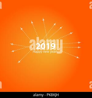 Creative happy new year 2019 design with Progress loading bar with airplane is in a dotted line. The flying apartment is black. The waypoint is for a tourist trip. Track on a orange background. Vector illustration. Tourism. Travel Stock Vector