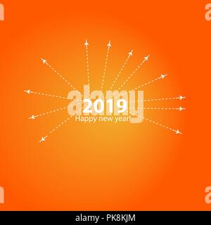 Creative happy new year 2019 design with Progress loading bar with airplane is in a dotted line. The flying apartment is black. The waypoint is for a tourist trip. Track on a orange background. Vector illustration. Tourism. Travel Stock Vector
