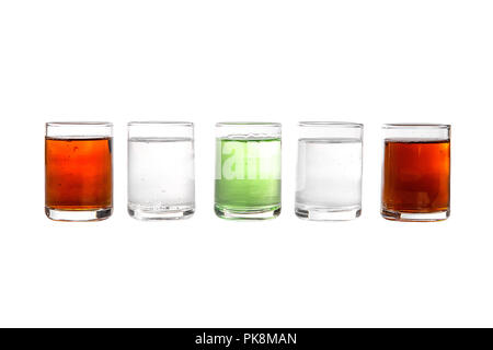 Multicolored transparent cocktails, a set of shots in one row, five servings. Side view Isolated white background. Drink for the menu restaurant, bar, Stock Photo