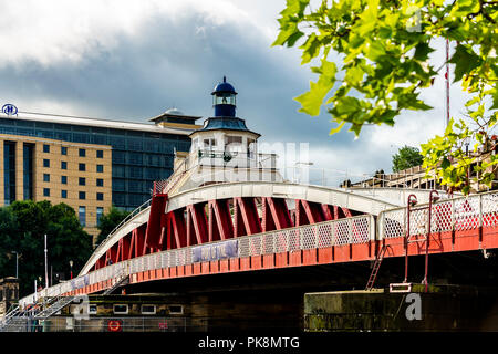 Newcastle upon Tyne, United Kingdom - August 27 2018: Swing Bridge hydraulic bridge spanning across River Tyne architectural details and sur Stock Photo