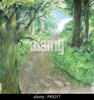 Nature landscape art color drawing illustration.Natural pathway with forest. Beautiful scene wild.Country road concept Stock Photo - Alamy