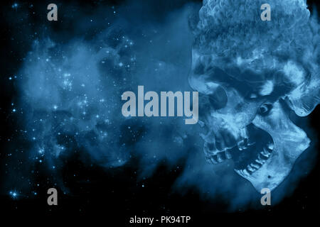 Abstract powerful fiery cyan demon skulls on a cyan space background Stock Photo