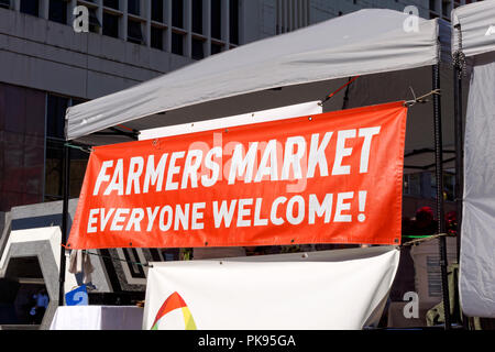 Downtown Farmers Market sign, Queen Elizabeth Theatre Plaza, Vancouver, BC, Canada Stock Photo