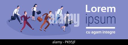 Business people group running team leader competition businessmen women race concept harry up hardworking process flat horizontal banner copy space Stock Vector