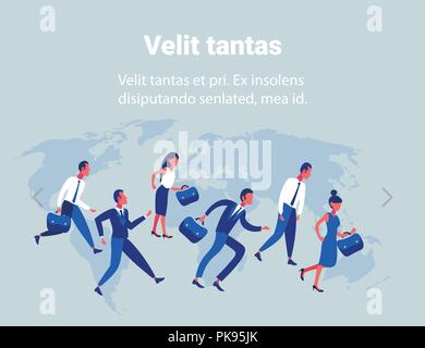 Business people group running team leader competition businessmen women race concept world map background harry up hardworking process flat horizontal copy space Stock Vector