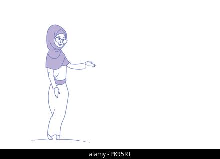 arab woman wearing traditional clothes pointing to something arabic female character horizontal sketch doodle Stock Vector