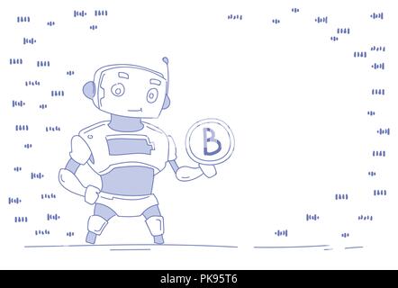 modern robot holding bitcoin virtual money wealth growth artificial intelligence concept bot helper mining crypto currency isolated white background horizontal sketch doodle Stock Vector