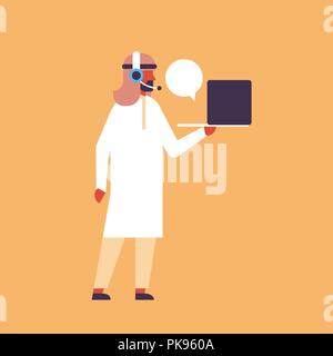 arabic businessman using laptop online call center support concept chat bubble service arab man operator headphones cartoon character flat full length Stock Vector