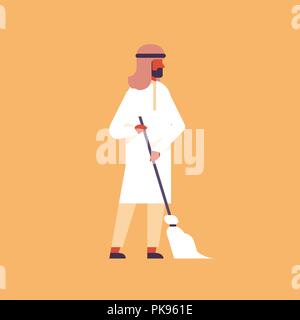 arabic man holding broom cleaning service concept arab man cleaner staff cleanup company housekeeping male cartoon character flat full length Stock Vector
