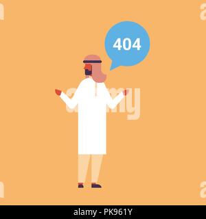 arabic businessman error message 404 page not found concept confused arab man problem male cartoon character flat full length Stock Vector