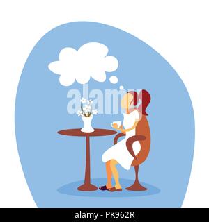 woman drinking coffee dreaming relaxing cafe female cartoon character flat full length Stock Vector