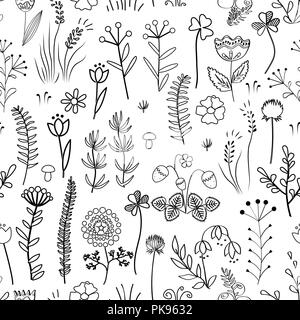 Floral seamless pattern. Vintage background with different doodle plants and flowers. Stock Vector