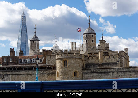 The Shard skyscraper behind Tower of London, London England United Kingdom UK Stock Photo