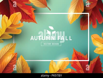 Autumn seasonal background frame with falling autumn leaves and copy ...