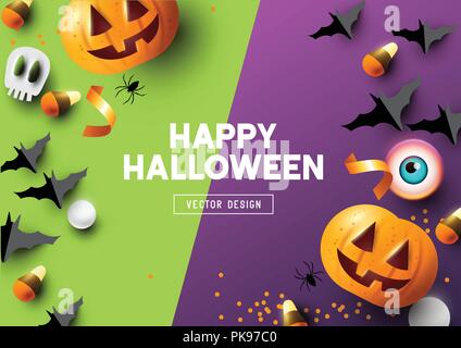 Happy Halloween party composition with Jack O' Lantern pumpkins and party decorations on a purple and green background. Top view vector illustration. Stock Vector