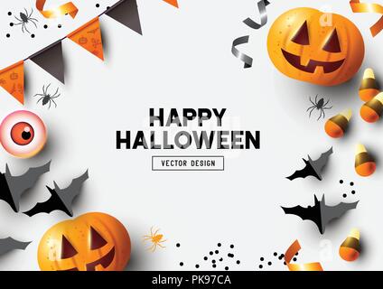 Happy Halloween party label/ invitation Composition with Jack O' Lantern pumpkins, party decorations and sweets on a colorful abstract background. Top Stock Vector