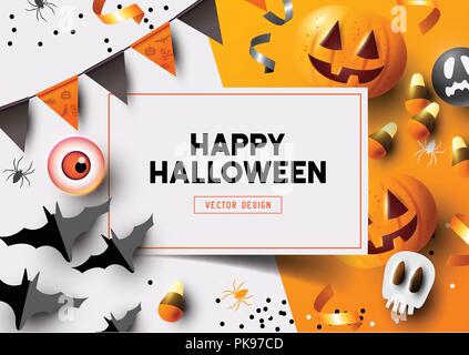 Halloween party label/ invitation Composition with Jack O' Lantern pumpkins, party decorations and sweets on a colorful abstract background. Top view  Stock Vector