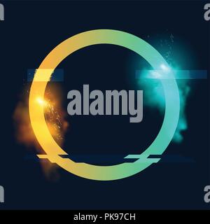 An illuminated circle loop with sparks, smoke and a glitch effects. Glitch tech futuristic Vector illustration design. Stock Vector