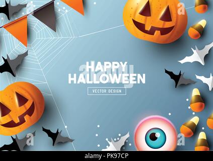 Halloween  party Composition with pumpkins, party decorations and sweets on a blue background. Top view vector illustration. Stock Vector