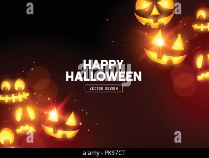 Halloween pumpkin scary faces glowing in the dark. Vector background. Stock Vector