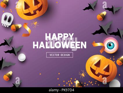 Happy Halloween party composition with Jack O' Lantern pumpkins and party decorations on a purple background. Top view vector illustration. Stock Vector