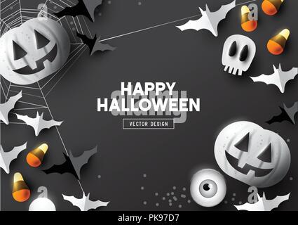 Happy Halloween party composition with Jack O' Lantern pumpkins and party decorations on a dark background. Top view vector illustration. Stock Vector