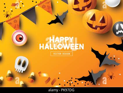 Halloween holiday party Composition with Jack O' Lantern pumpkins, party decorations and sweets on a orange background. Top view vector illustration. Stock Vector
