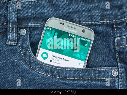 MONTREAL, CANADA - SEPTEMBER 8, 2018: Google Hangouts Meet app. The app is an online video and voice conferencing application that provides a simple s Stock Photo