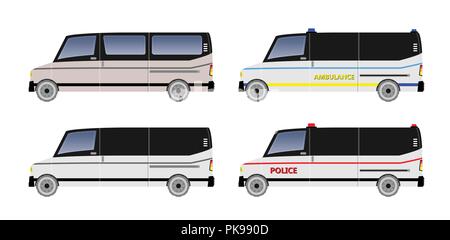 Set of Van car, Passenger Cargo Police and Ambulance Vector and Illustration Stock Vector