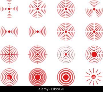 Vector set of red rings icon for medical design illustration. Pain circle to mark painful body parts. Stock Vector