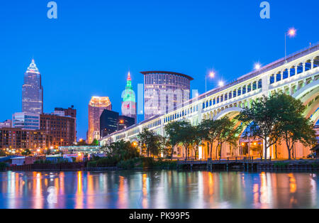 cleveland skyline with reflection at night,cleveland,ohio,usa. Stock Photo