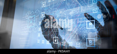 Blockchain technology concept with diagram of chain and encrypted blocks.businessman hand using tablet computer and server room background Stock Photo
