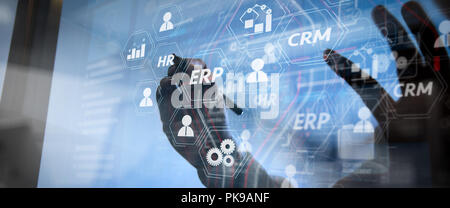 Architecture of ERP (Enterprise Resource Planning) system with connections between business intelligence (BI), production, CRM modules and HR diagram. Stock Photo