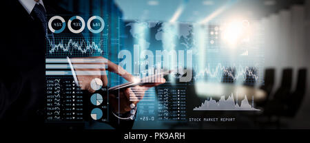 Investor analyzing stock market report and financial dashboard with business intelligence (BI), with key performance indicators (KPI).businessman hand Stock Photo