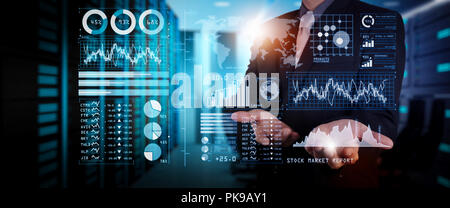 Investor analyzing stock market report and financial dashboard with business intelligence (BI), with key performance indicators (KPI).businessman hand Stock Photo