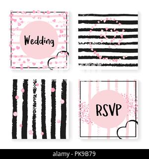 Wedding glitter confetti on stripes, invitation set Stock Vector