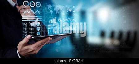 Investor analyzing stock market report and financial dashboard with business intelligence (BI), with key performance indicators (KPI).businessman hand Stock Photo