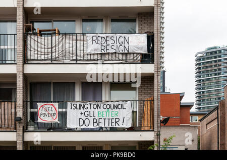 Residents of Burnhill House are protesting against the redevelopment of the adjacent area around St Luke’s Gardens & Finsbury Leisure Centre. Stock Photo