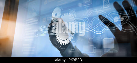 Thinking about structuring virtual diagram of business process with solutions. businessman hand working with finances about cost. Stock Photo