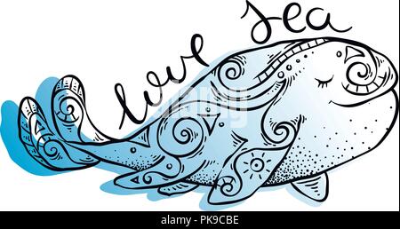 Love sea. Ink hand-painted tribal whale. Graphical vector ornate illustration for tattoo, design, cards, print, t-shirt, coloring books. Stock Vector