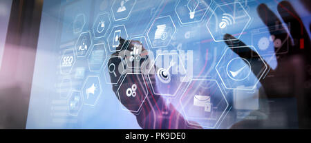 Seo Optimization for website with mobile website and Landing page virtual diagram.businessman hand working with modern technology and digital layer ef Stock Photo
