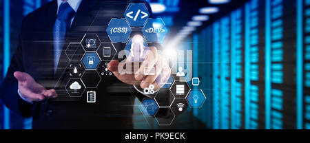 Coding software developer work with augmented reality dashboard computer icons of scrum agile development and code fork and versioning with responsive Stock Photo