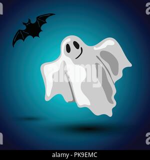 Cartoon style vector Halloween flyer design with ghost and bat flying on the midnight background Stock Vector