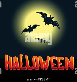 Cartoon style vector Halloween flyer design with flying bats and full moon over midnight background Stock Vector