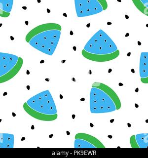 Seamless blue watermelons pattern. Vector background watermelon slices with watermelon seeds. Stock Vector